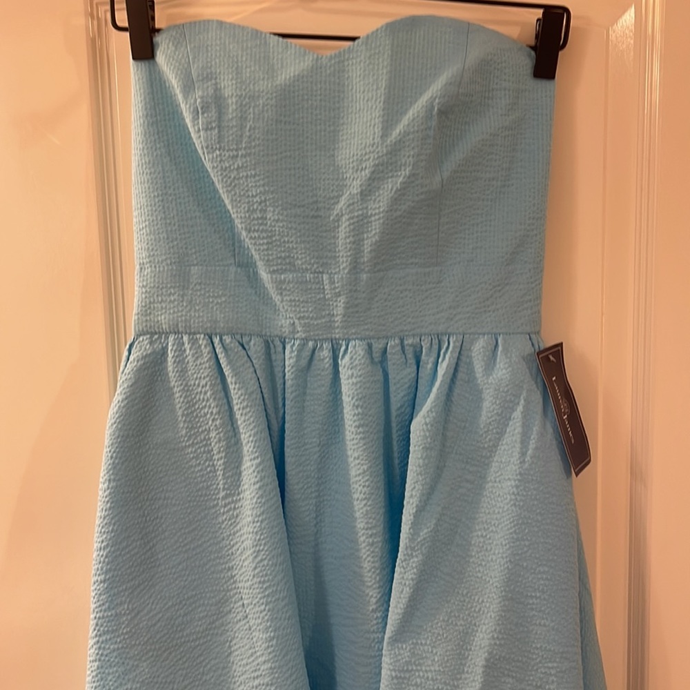 Lauren James Seersucker Strapless - Powder Blue - Sweet Heart Neckline - Medium